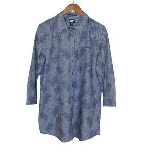 Lands End Womens Abstract Floral Button Up Shirt 16T Blue No Iron Supima Cotton
